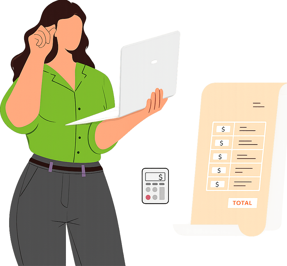Factura electrónica con Gesadmin: laptop, recibo y cálculo de impuestos